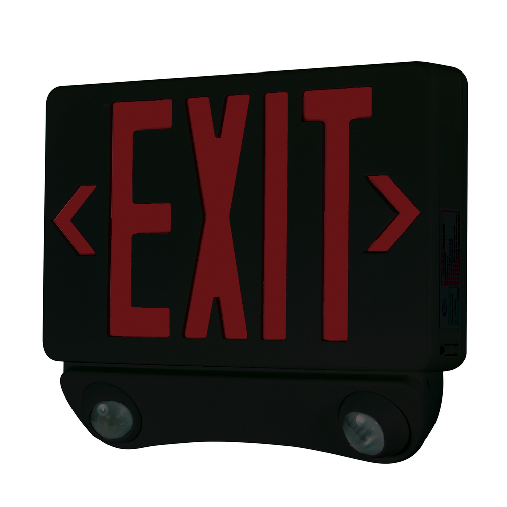 LED Exit and Emergency Combination with Adjustable Heads, Red Letters / Black Housing