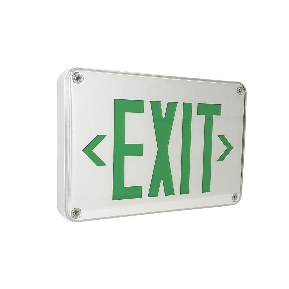 LED Self-Diagnostic Wet/Cold Location Exit Sign w/ Battery Backup, White Housing w/ 6&#34; Green
