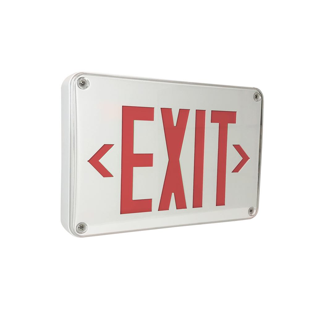 LED Self-Diagnostic Wet/Cold Location Exit Sign w/ Battery Backup, White Housing w/ 6&#34; Red