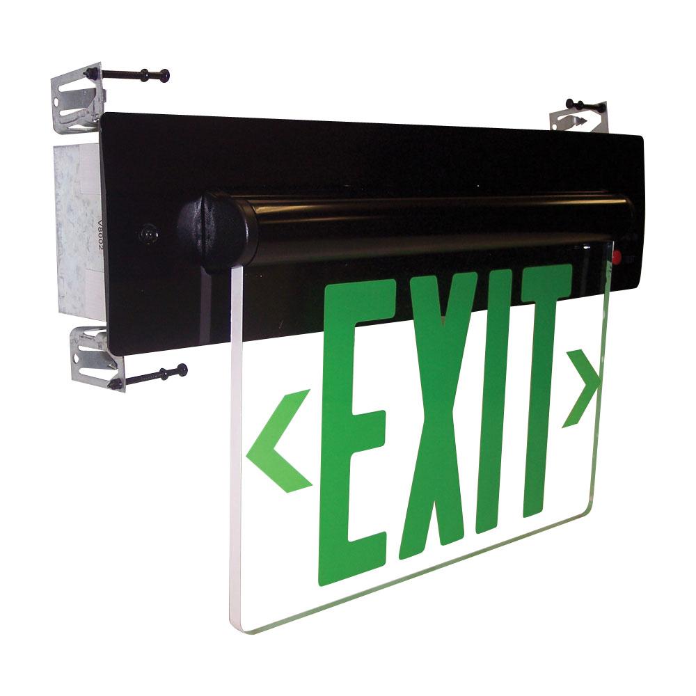 Recessed Adjustable LED Edge-Lit Exit Sign, Battery Backup, 6&#34; Green Letters, Single Face /