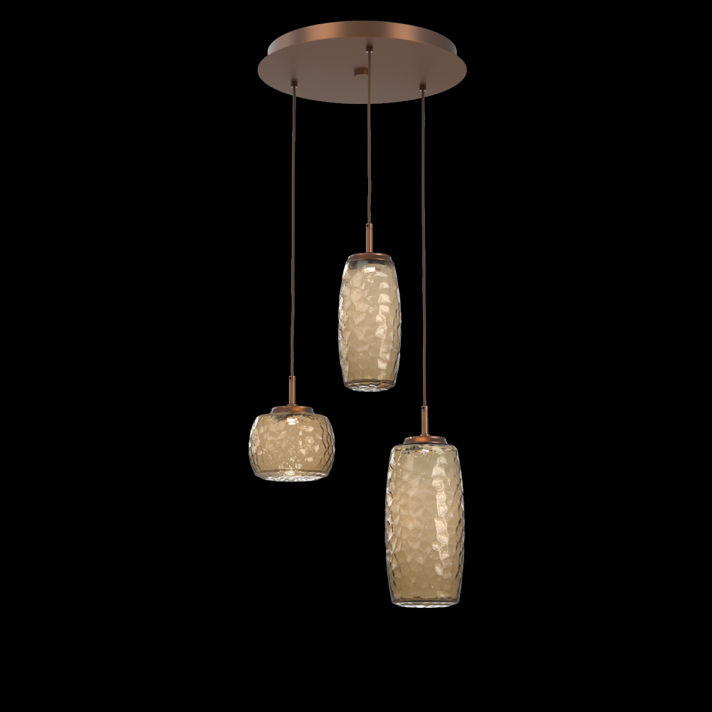 Vessel 3pc Round Multi-Pendant-Burnished Bronze-Bronze Blown Glass-Cloth Braided Cord-LED 3000K