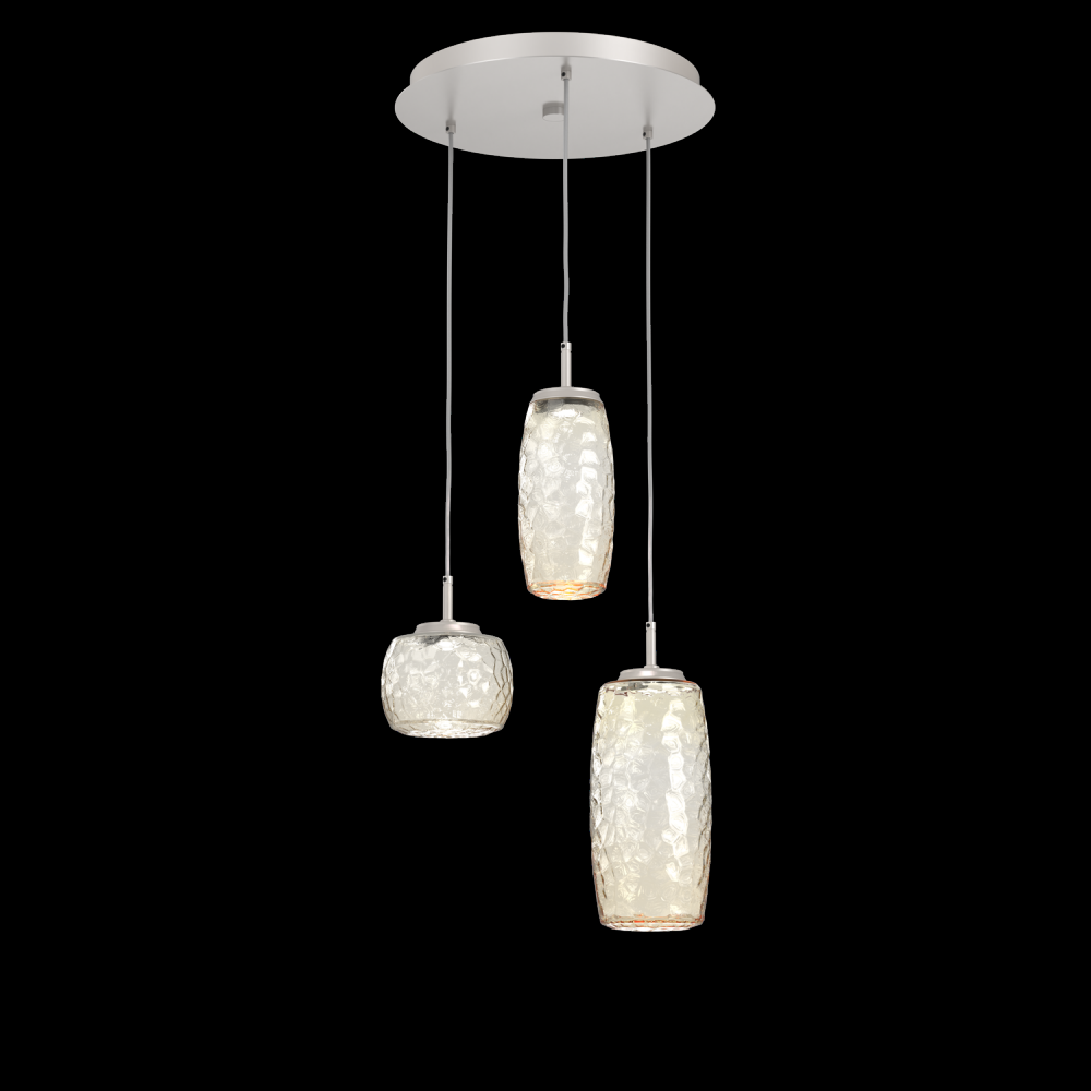 Vessel 3pc Round Multi-Pendant-Beige Silver-Amber Blown Glass-Cloth Braided Cord-LED 2700K