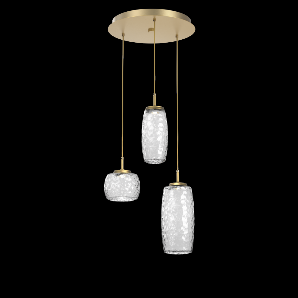 Vessel 3pc Round Multi-Pendant-Gilded Brass-Clear Blown Glass-Cloth Braided Cord-LED 2700K