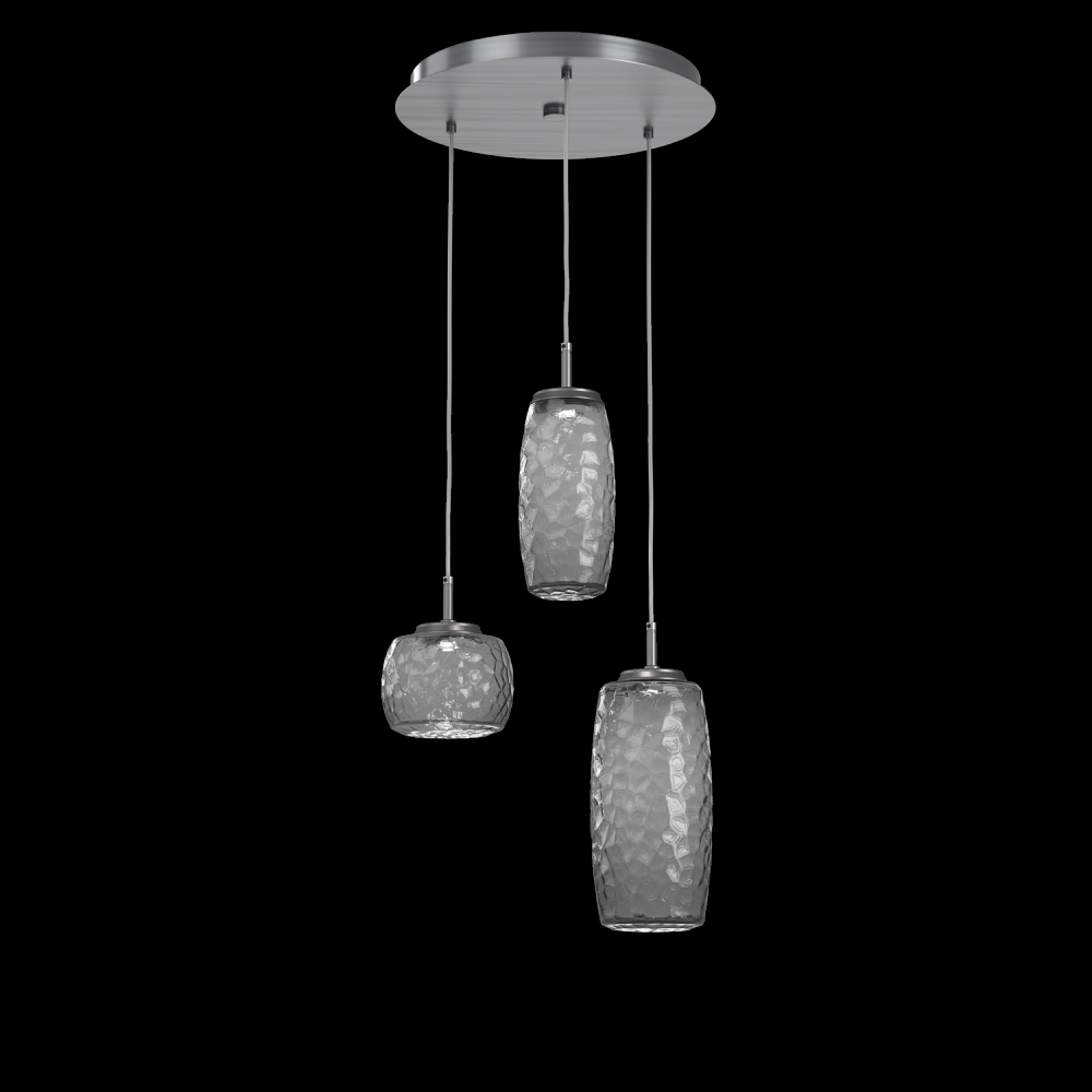 Vessel 3pc Round Multi-Pendant-Gunmetal-Smoke Blown Glass-Cloth Braided Cord-LED 2700K