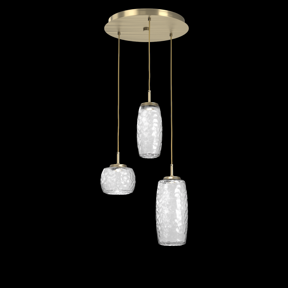 Vessel 3pc Round Multi-Pendant-Heritage Brass-Clear Blown Glass-Cloth Braided Cord-LED 2700K