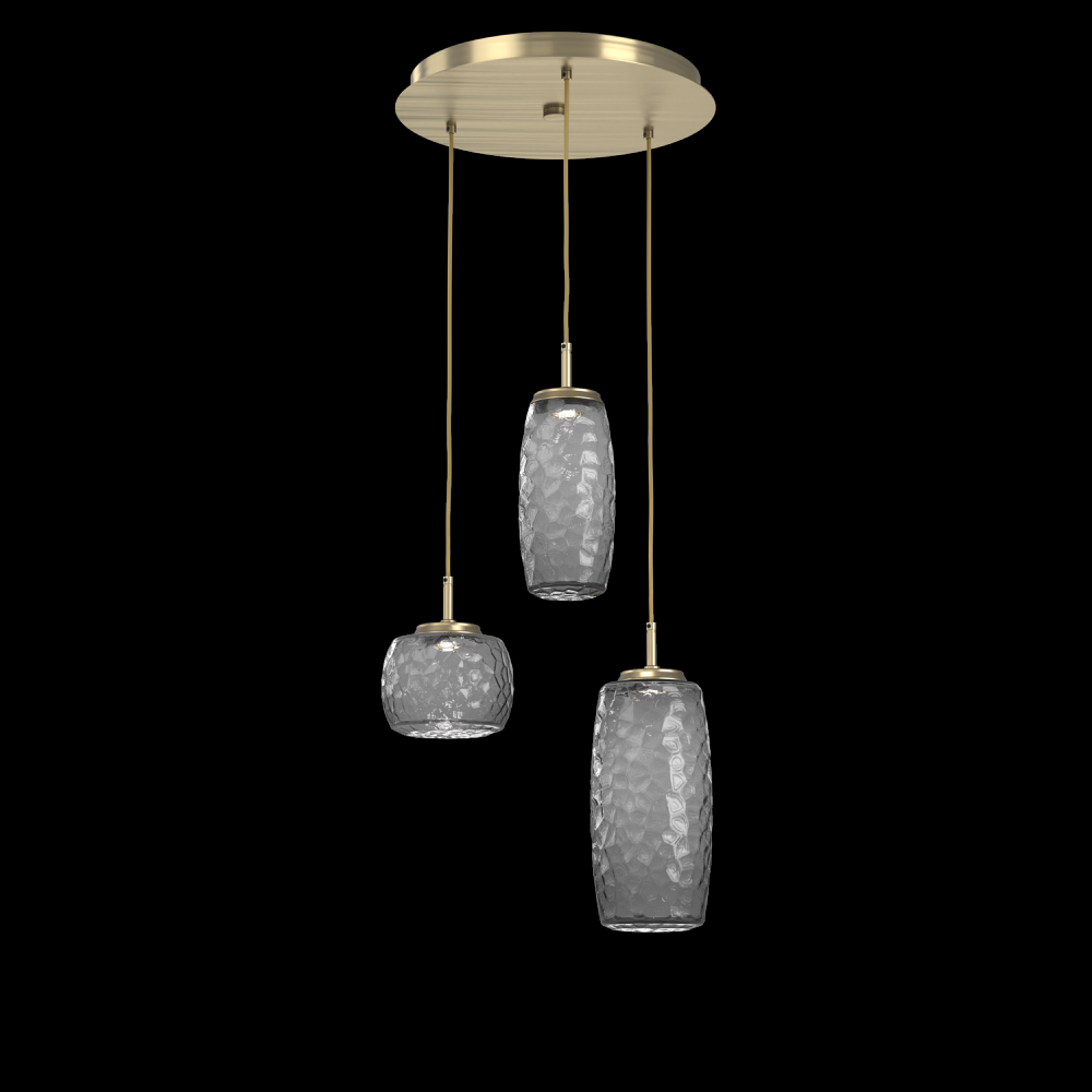 Vessel 3pc Round Multi-Pendant-Heritage Brass-Smoke Blown Glass-Cloth Braided Cord-LED 2700K