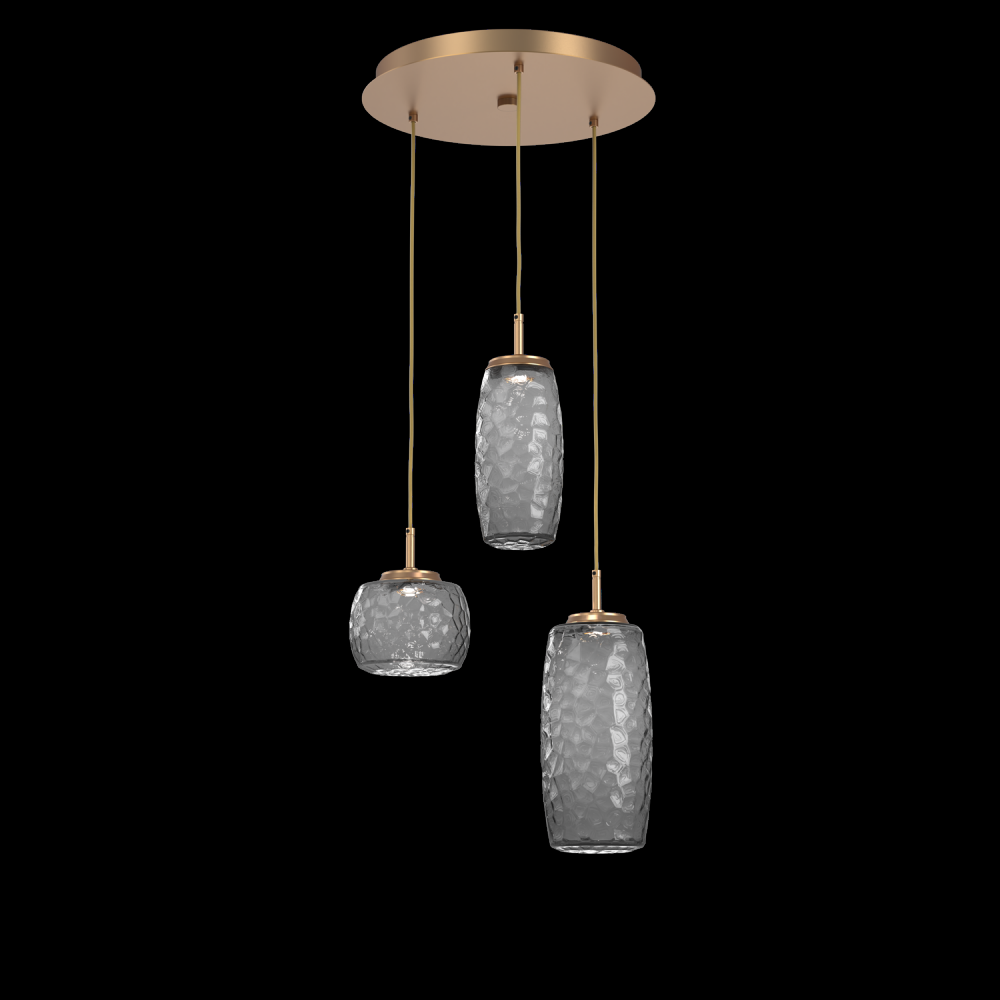 Vessel 3pc Round Multi-Pendant-Novel Brass-Smoke Blown Glass-Cloth Braided Cord-LED 2700K