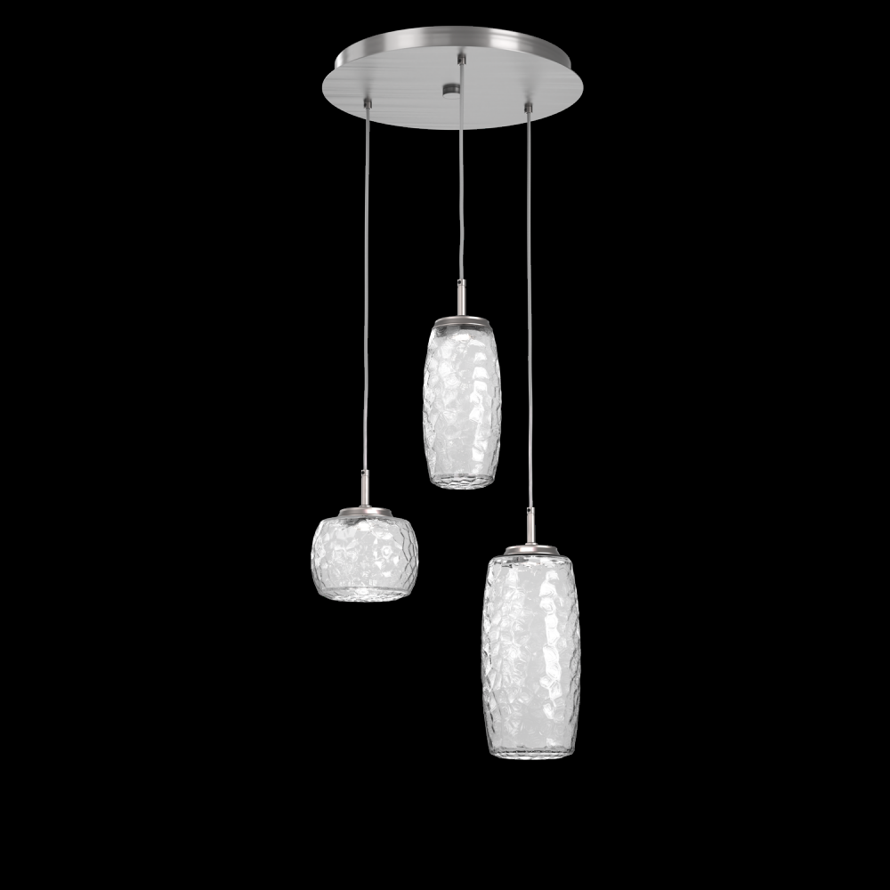 Vessel 3pc Round Multi-Pendant-Satin Nickel-Clear Blown Glass-Cloth Braided Cord-LED 2700K