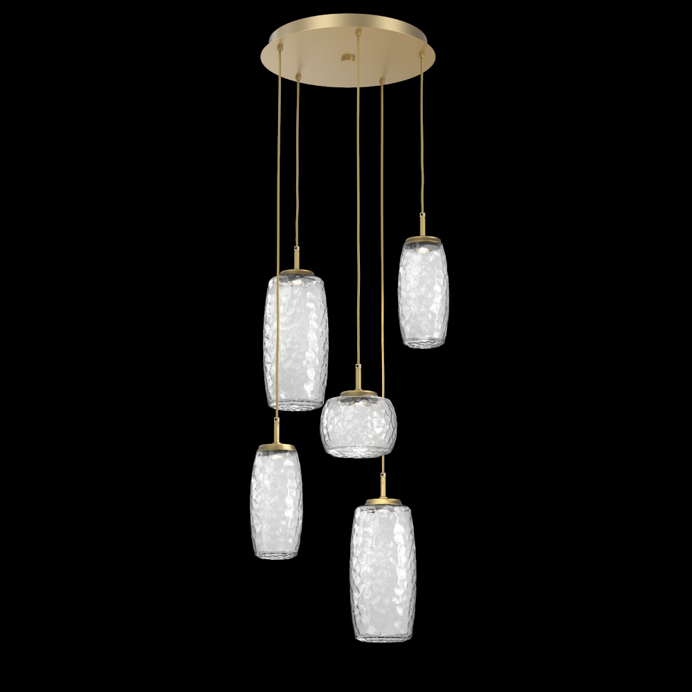 Vessel 5pc Round Multi-Pendant-Gilded Brass-Clear Blown Glass-Cloth Braided Cord-LED 2700K