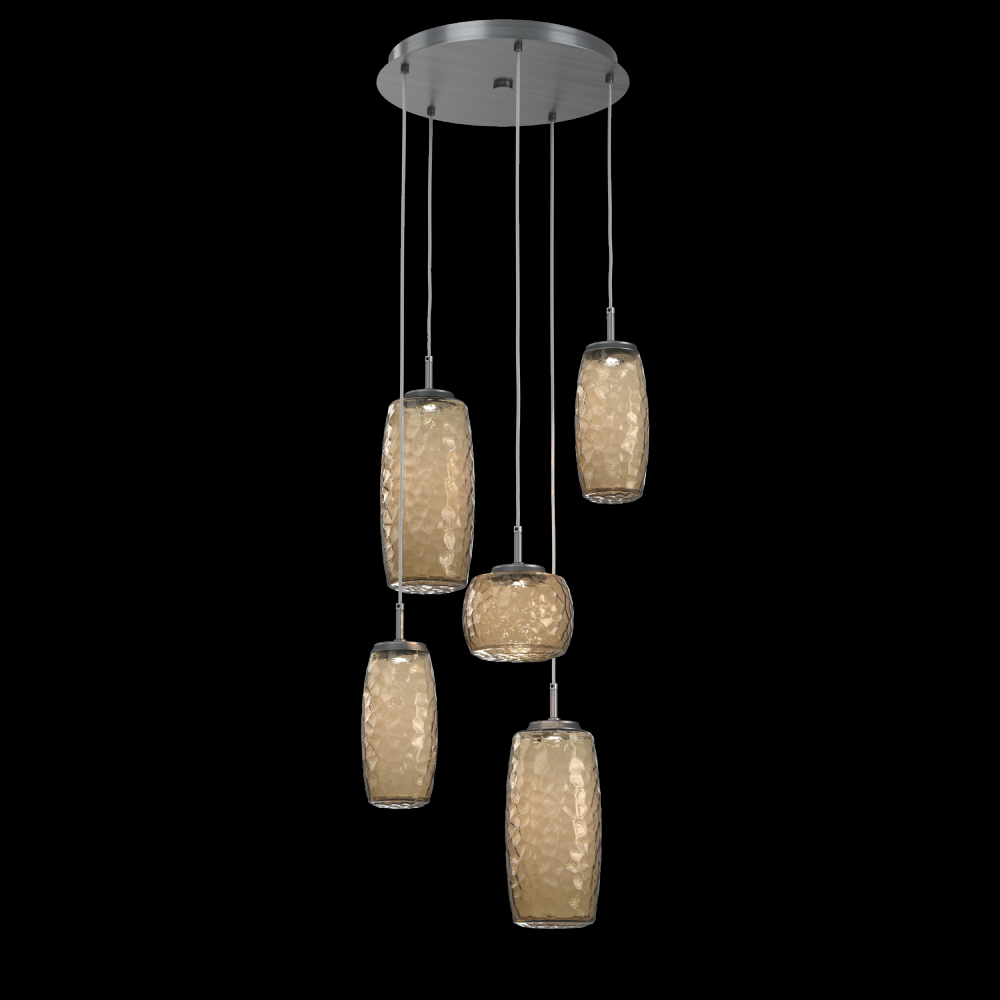 Vessel 5pc Round Multi-Pendant-Gunmetal-Bronze Blown Glass-Cloth Braided Cord-LED 2700K