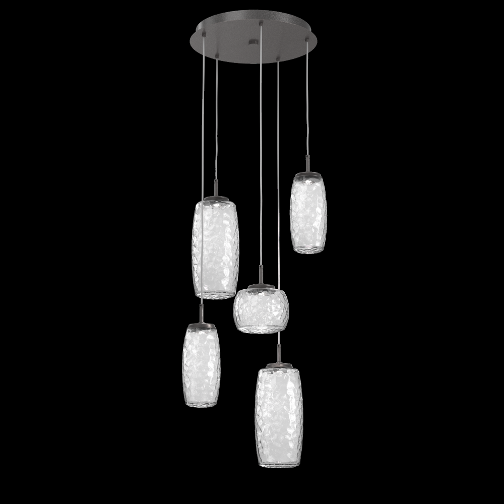 Vessel 5pc Round Multi-Pendant-Graphite-Clear Blown Glass-Cloth Braided Cord-LED 2700K