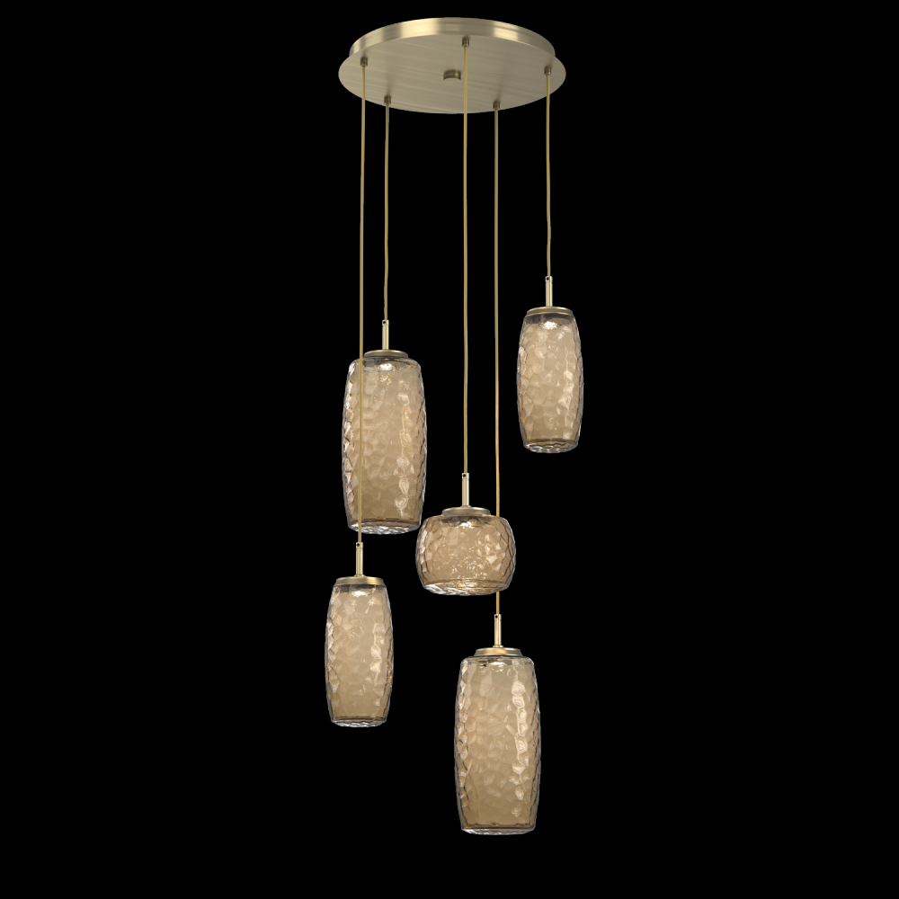 Vessel 5pc Round Multi-Pendant-Heritage Brass-Bronze Blown Glass-Cloth Braided Cord-LED 2700K