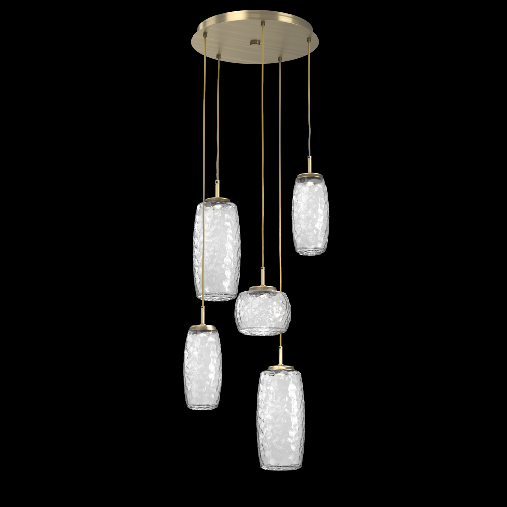 Vessel 5pc Round Multi-Pendant-Heritage Brass-Clear Blown Glass-Cloth Braided Cord-LED 2700K