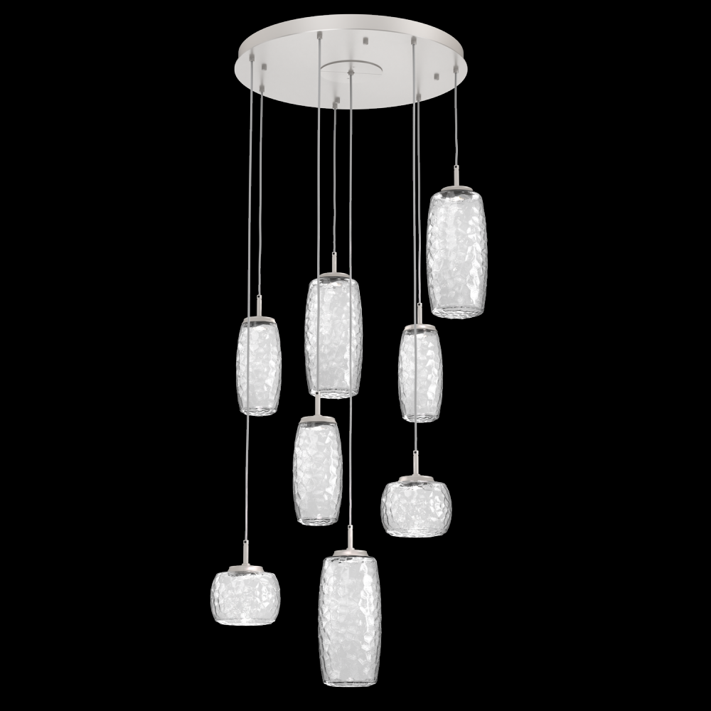 Vessel 8pc Round Multi-Pendant-Beige Silver-Clear Blown Glass-Cloth Braided Cord-LED 3000K