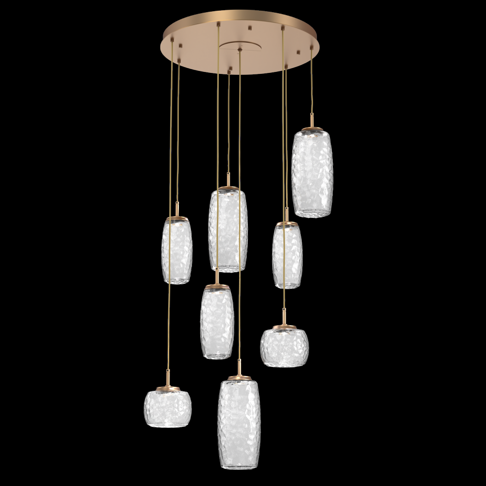 Vessel 8pc Round Multi-Pendant-Novel Brass-Clear Blown Glass-Cloth Braided Cord-LED 3000K