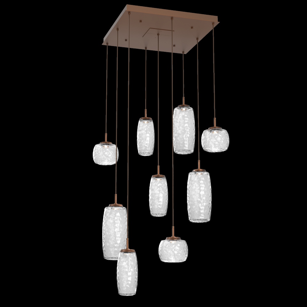 Vessel 9pc Square Multi-Pendant-Burnished Bronze-Clear Blown Glass-Cloth Braided Cord-LED 2700K