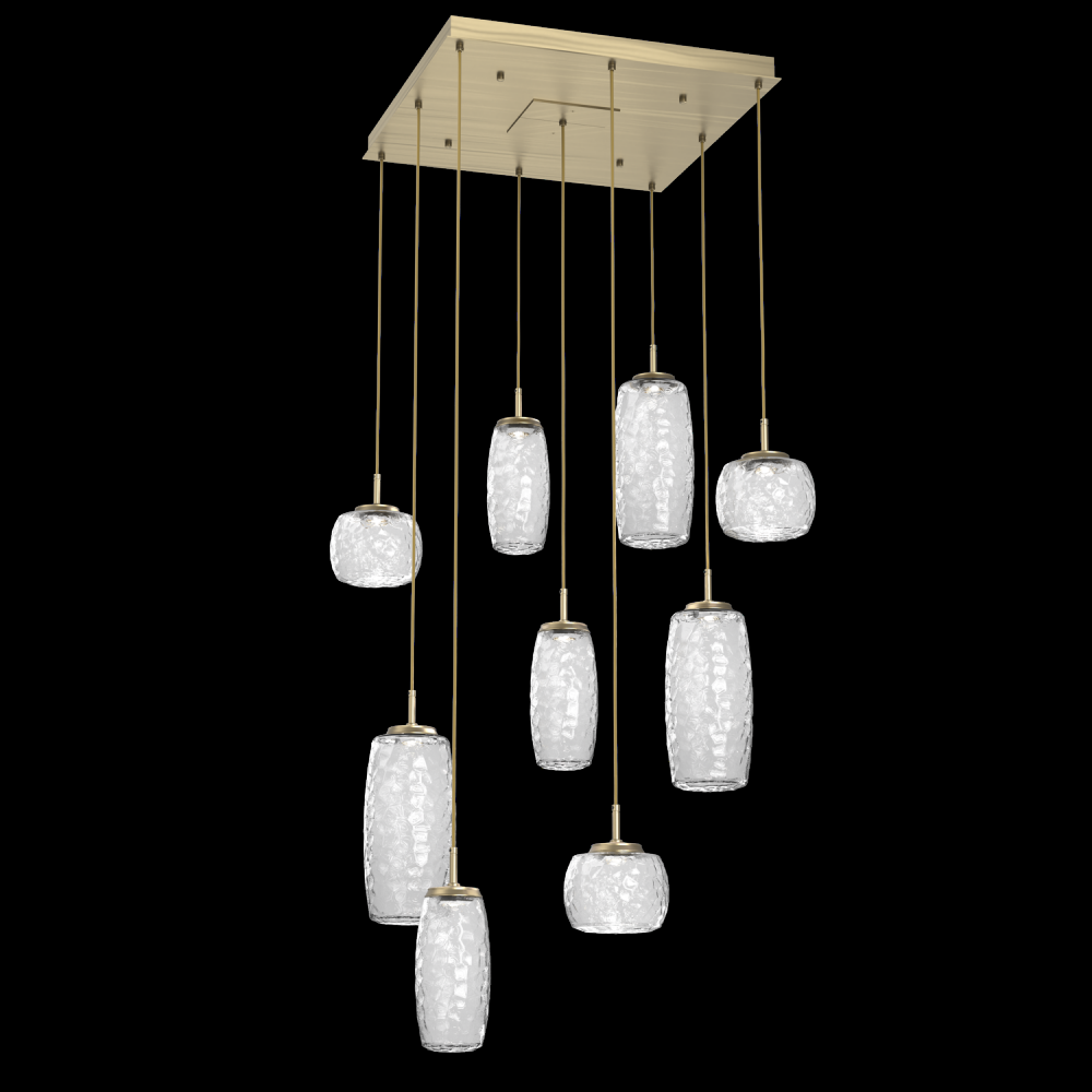 Vessel 9pc Square Multi-Pendant-Heritage Brass-Clear Blown Glass-Cloth Braided Cord-LED 2700K