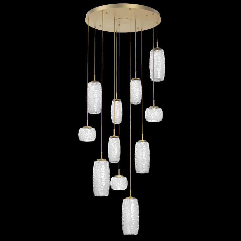 Vessel 11pc Round Multi-Pendant-Gilded Brass-Clear Blown Glass-Cloth Braided Cord-LED 2700K
