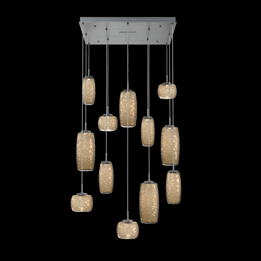 Vessel 12pc Square Multi-Pendant-Gunmetal-Bronze Blown Glass-Cloth Braided Cord-LED 2700K