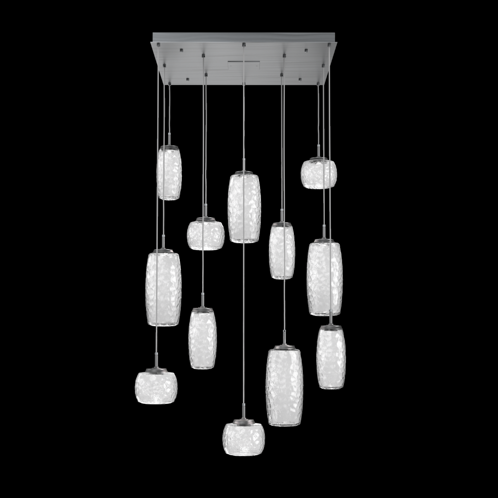 Vessel 12pc Square Multi-Pendant-Gunmetal-Clear Blown Glass-Cloth Braided Cord-LED 2700K