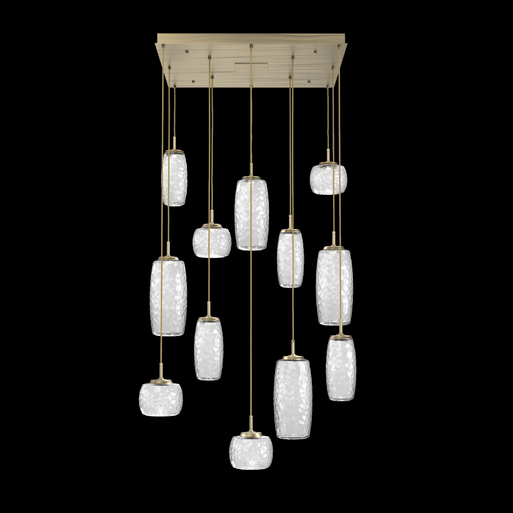 Vessel 12pc Square Multi-Pendant-Heritage Brass-Clear Blown Glass-Cloth Braided Cord-LED 2700K