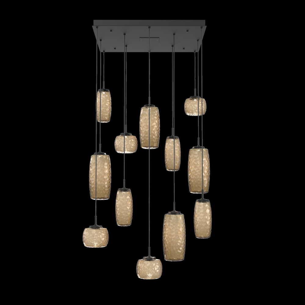 Vessel 12pc Square Multi-Pendant-Matte Black-Bronze Blown Glass-Cloth Braided Cord-LED 3000K