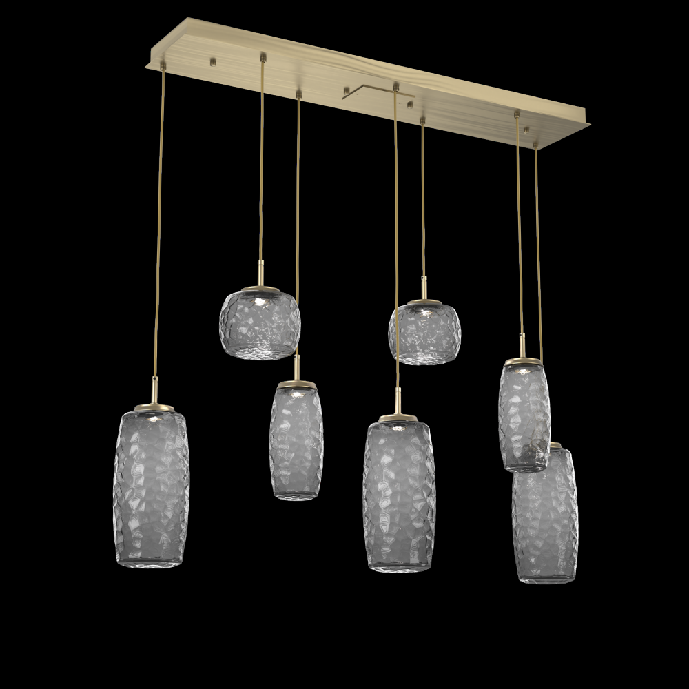 Vessel 7pc Linear Multi-Pendant-Heritage Brass-Smoke Blown Glass-Cloth Braided Cord-LED 2700K