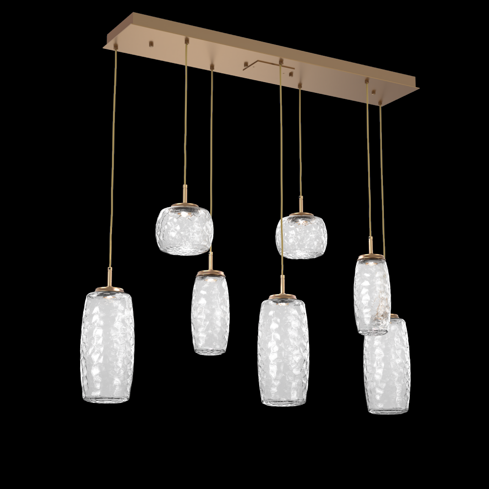 Vessel 7pc Linear Multi-Pendant-Novel Brass-Clear Blown Glass-Cloth Braided Cord-LED 2700K