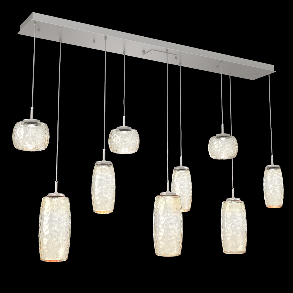 Vessel 9pc Linear Multi-Pendant-Beige Silver-Amber Blown Glass-Cloth Braided Cord-LED 3000K