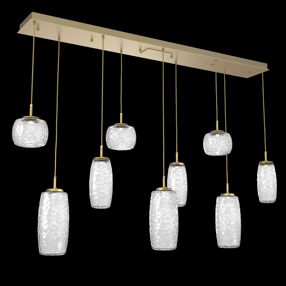 Vessel 9pc Linear Multi-Pendant-Gilded Brass-Clear Blown Glass-Cloth Braided Cord-LED 3000K