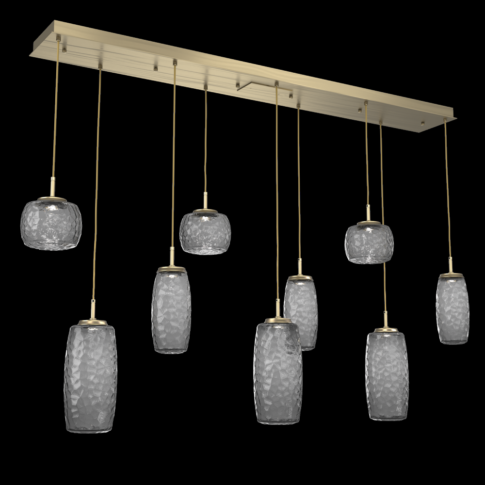 Vessel 9pc Linear Multi-Pendant-Heritage Brass-Smoke Blown Glass-Cloth Braided Cord-LED 2700K