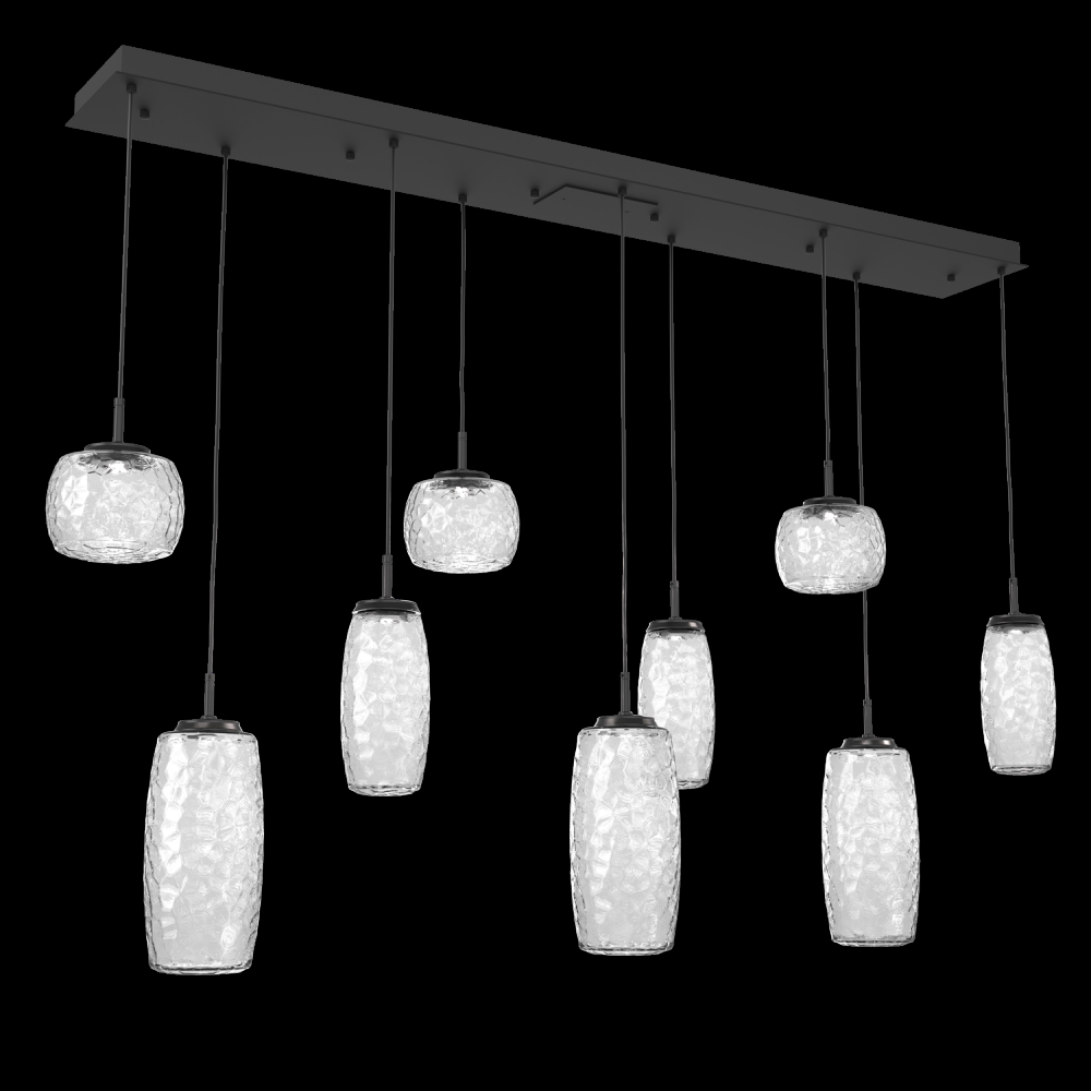 Vessel 9pc Linear Multi-Pendant-Matte Black-Clear Blown Glass-Cloth Braided Cord-LED 2700K