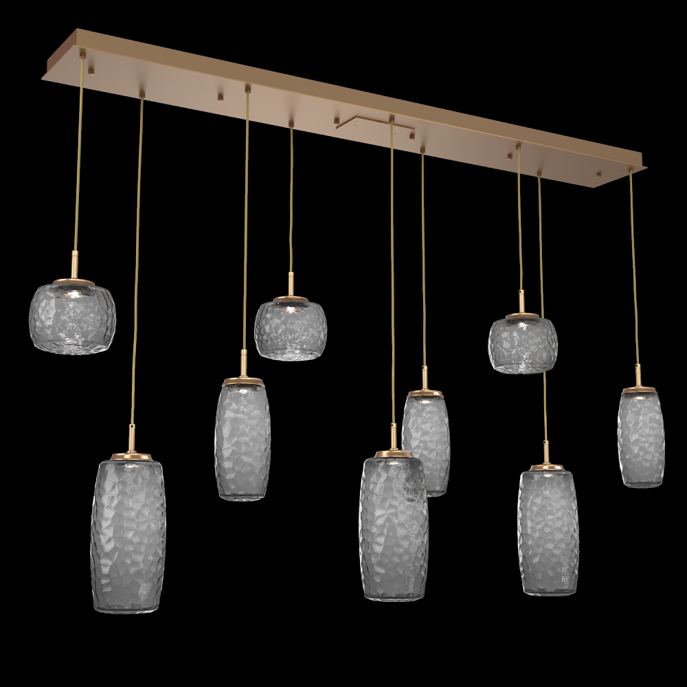 Vessel 9pc Linear Multi-Pendant-Novel Brass-Smoke Blown Glass-Cloth Braided Cord-LED 2700K