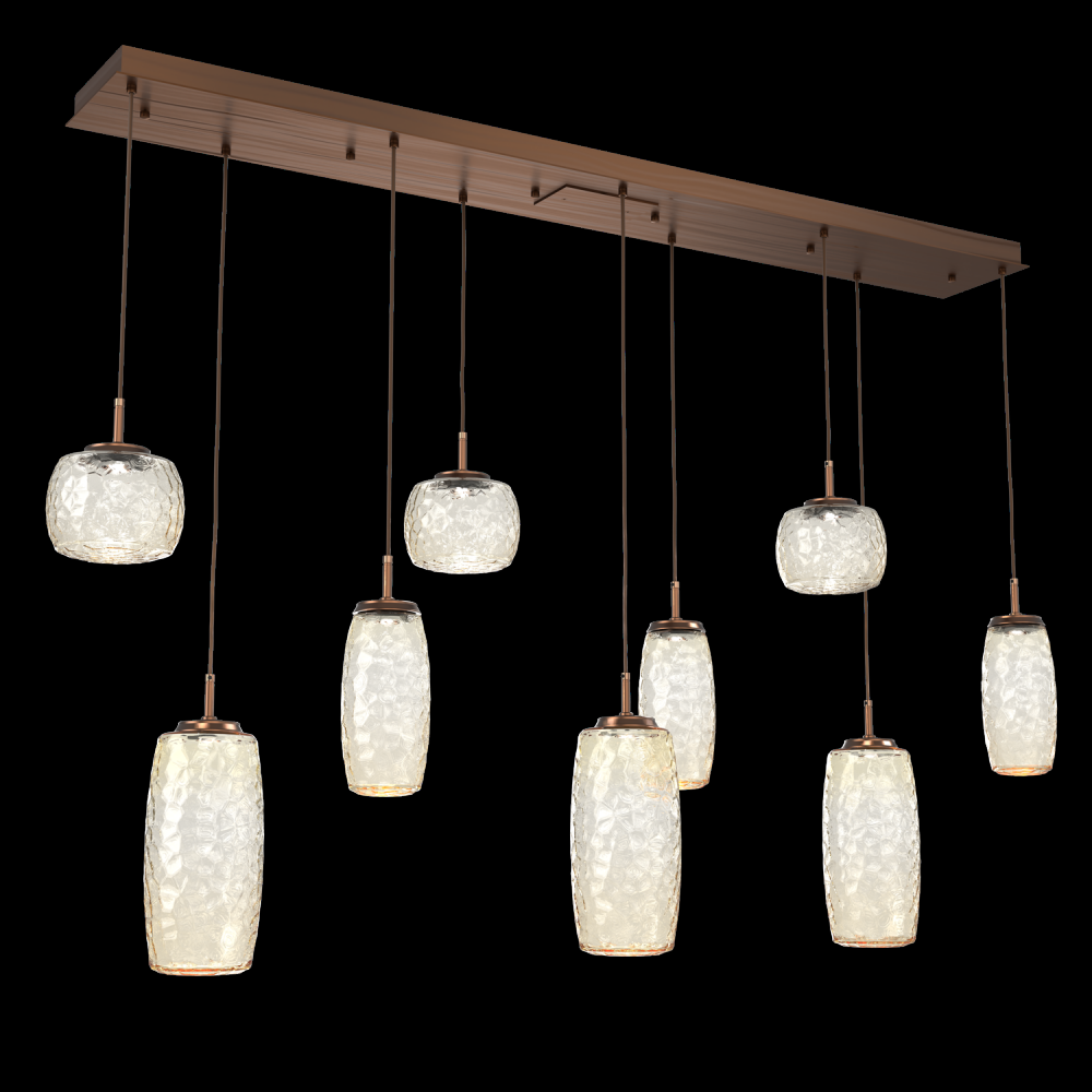 Vessel 9pc Linear Multi-Pendant-Oil Rubbed Bronze-Amber Blown Glass-Cloth Braided Cord-LED 2700K