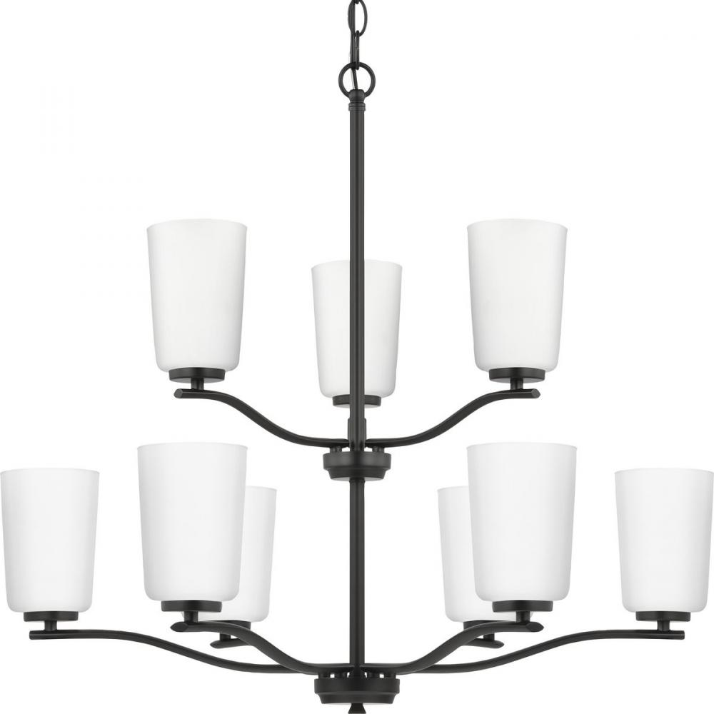 Adley Collection Nine-Light Matte Black Etched White Glass New Traditional Chandelier