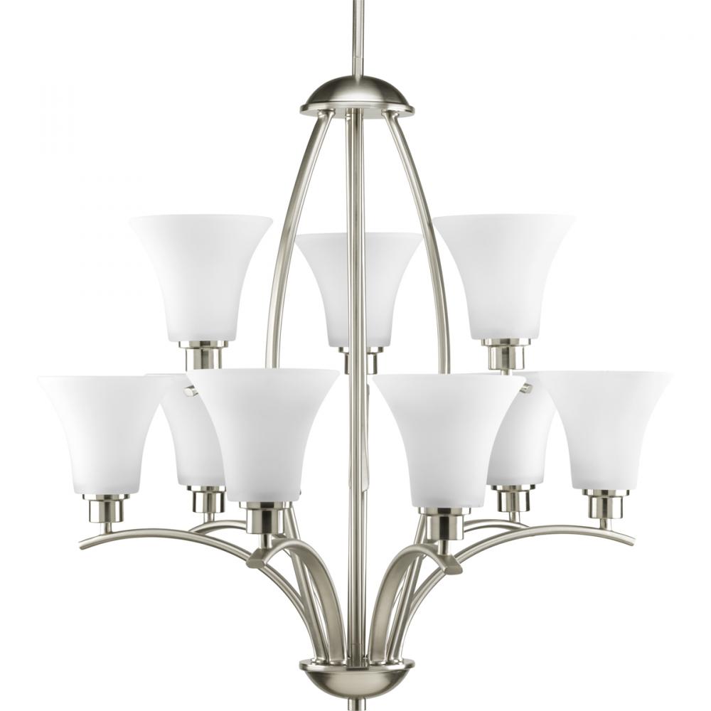 Joy Collection Nine-Light Brushed Nickel Etched White Inside Glass Traditional Chandelier Light