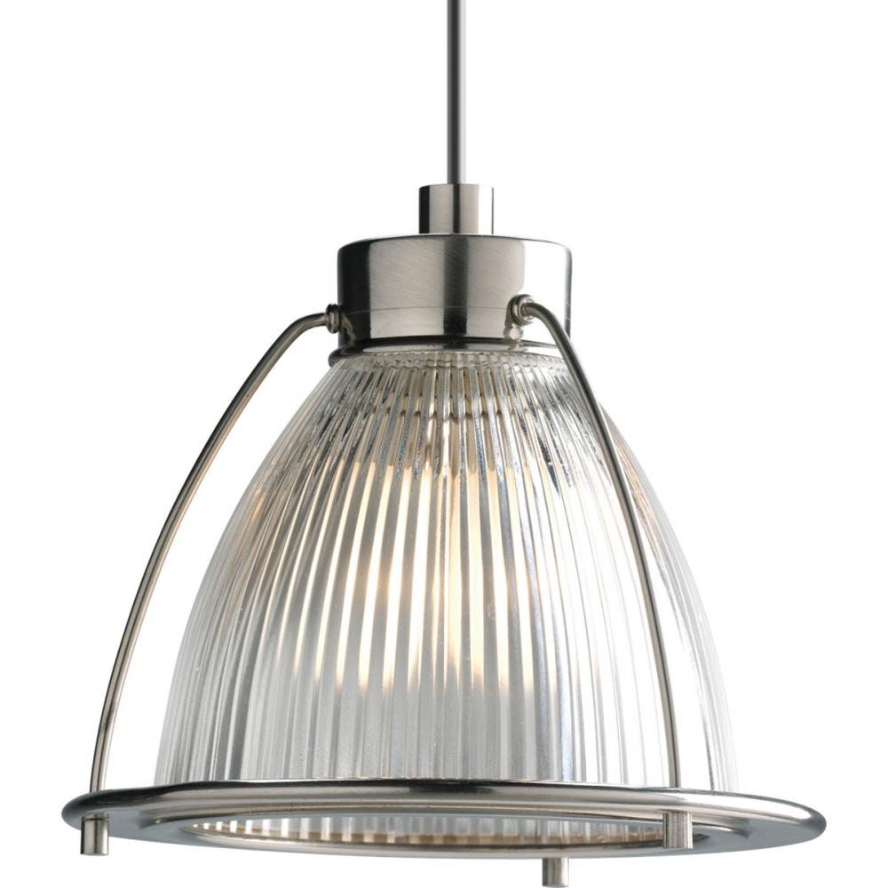 One Light Brushed Nickel Clear Prismatic Glass Down Pendant