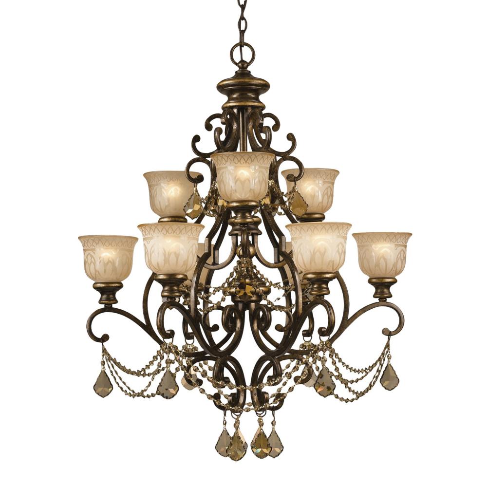 Norwalk 9 Light Golden Teak Hand Cut Crystal Bronze Umber Chandelier