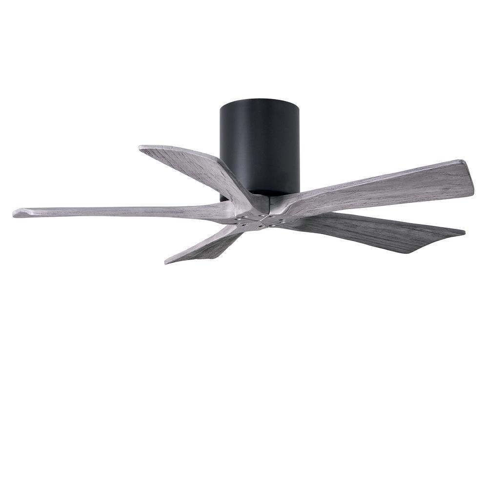 Irene-5H five-blade flush mount paddle fan in Matte Black finish with 60” solid barn wood tone b
