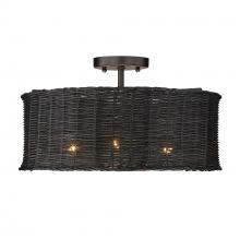 Golden 1084-SF BLK-BW - Erma 3 Light Semi-Flush in Matte Black with Black Wicker Shade