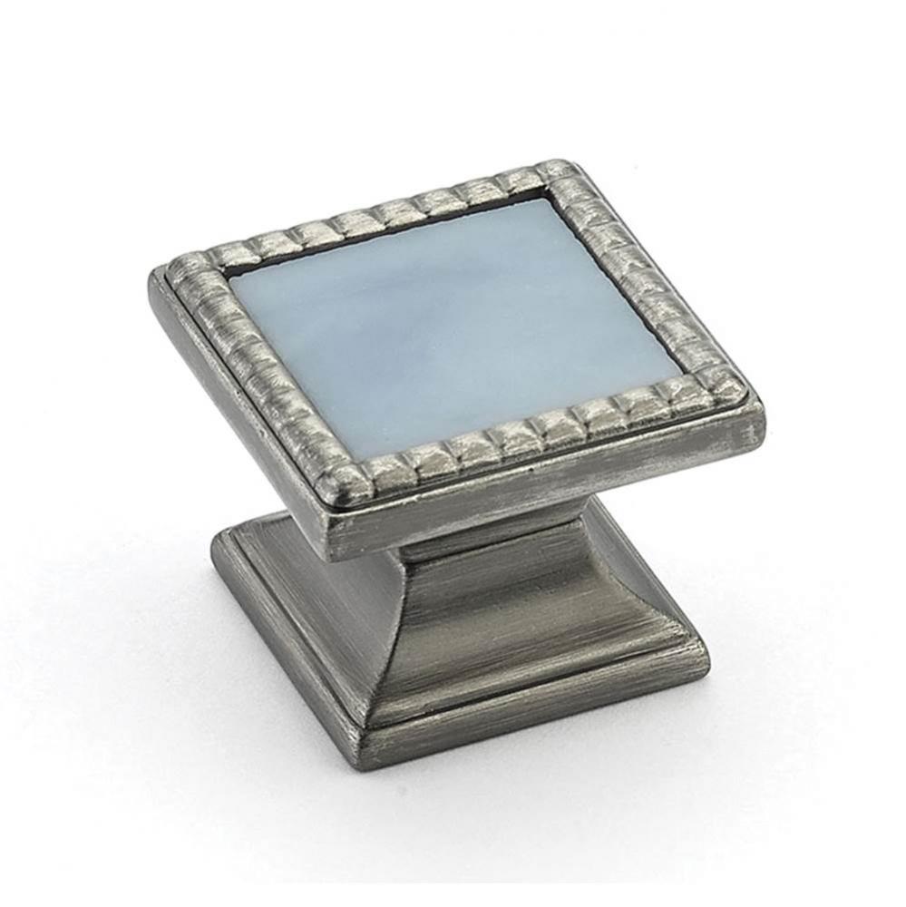 Knob, Square, Antique Nickel, Glacier Blue Glass Inlay, 1-1/4&apos;&apos; dia