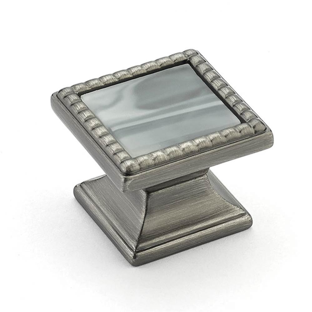 Knob, Square, Antique Nickel, Greystone Glass Inlay, 1-1/4&apos;&apos; dia