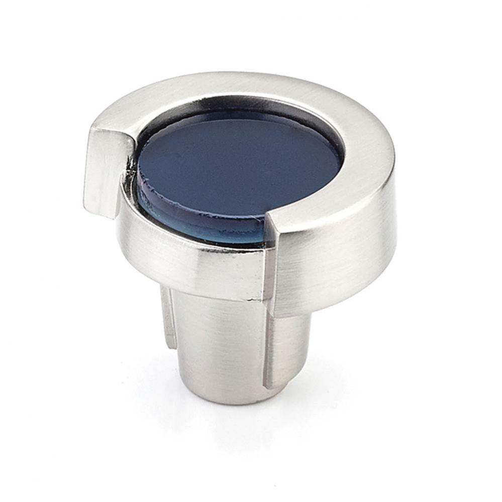 Knob, Round, Satin Nickel, Steel Blue Glass, 1-1/4&apos;&apos; dia