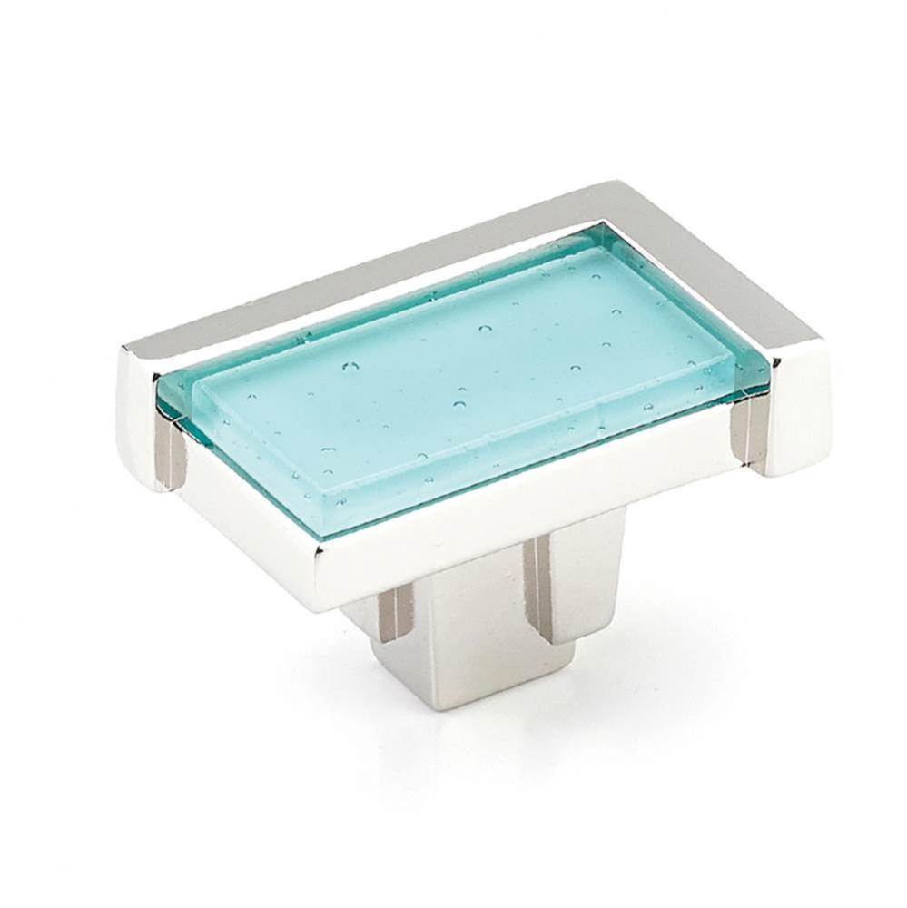 Knob, Rectangle, Polished Nickel, Turquoise Glass, 1-3/4&apos;&apos; dia