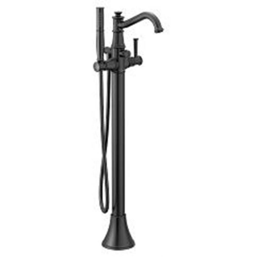 Matte black one-handle tub filler includes hand shower