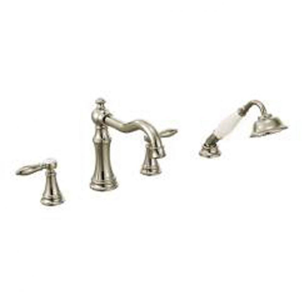 Polished nickel two-handle roman tub faucet includes hand shower