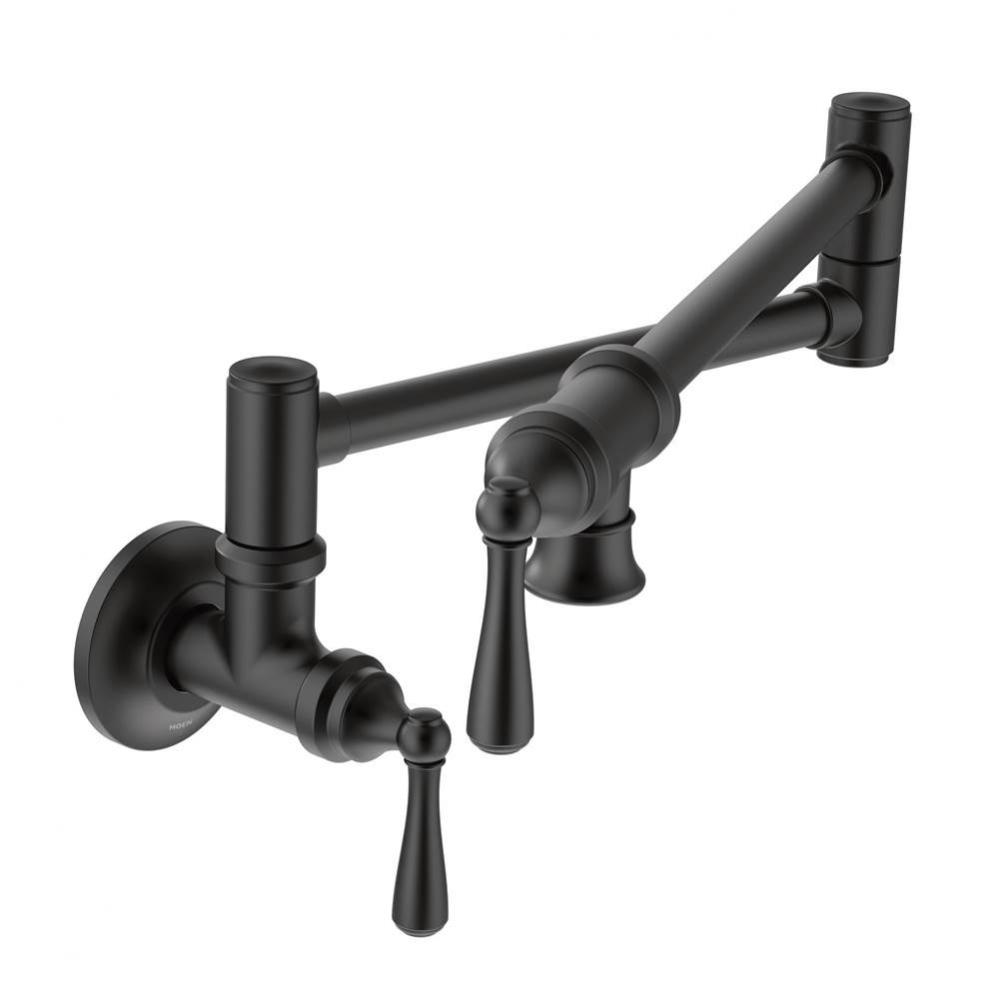 Traditional Wall Mount Swing Arm Folding Pot Filler Kitchen Faucet, Matte Black