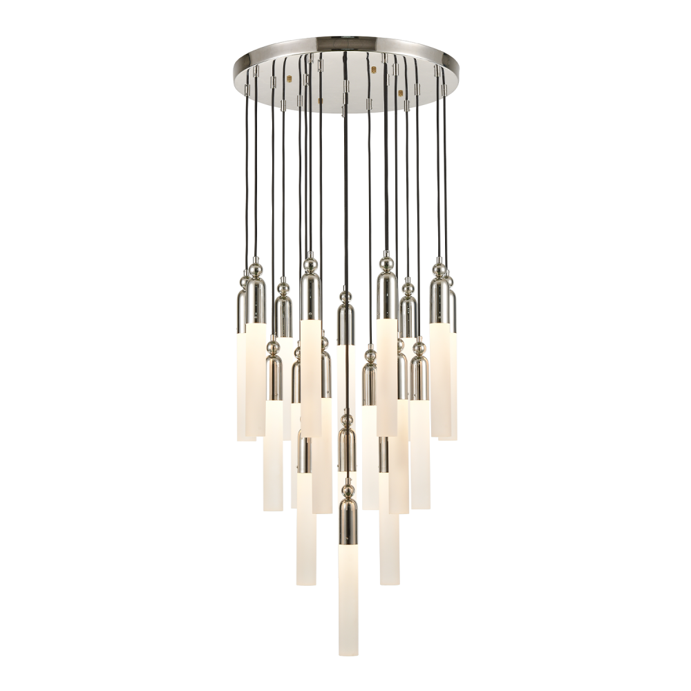 19-Light 25&#34; Cylindrical Glass Polished Nickel Multi Pendant