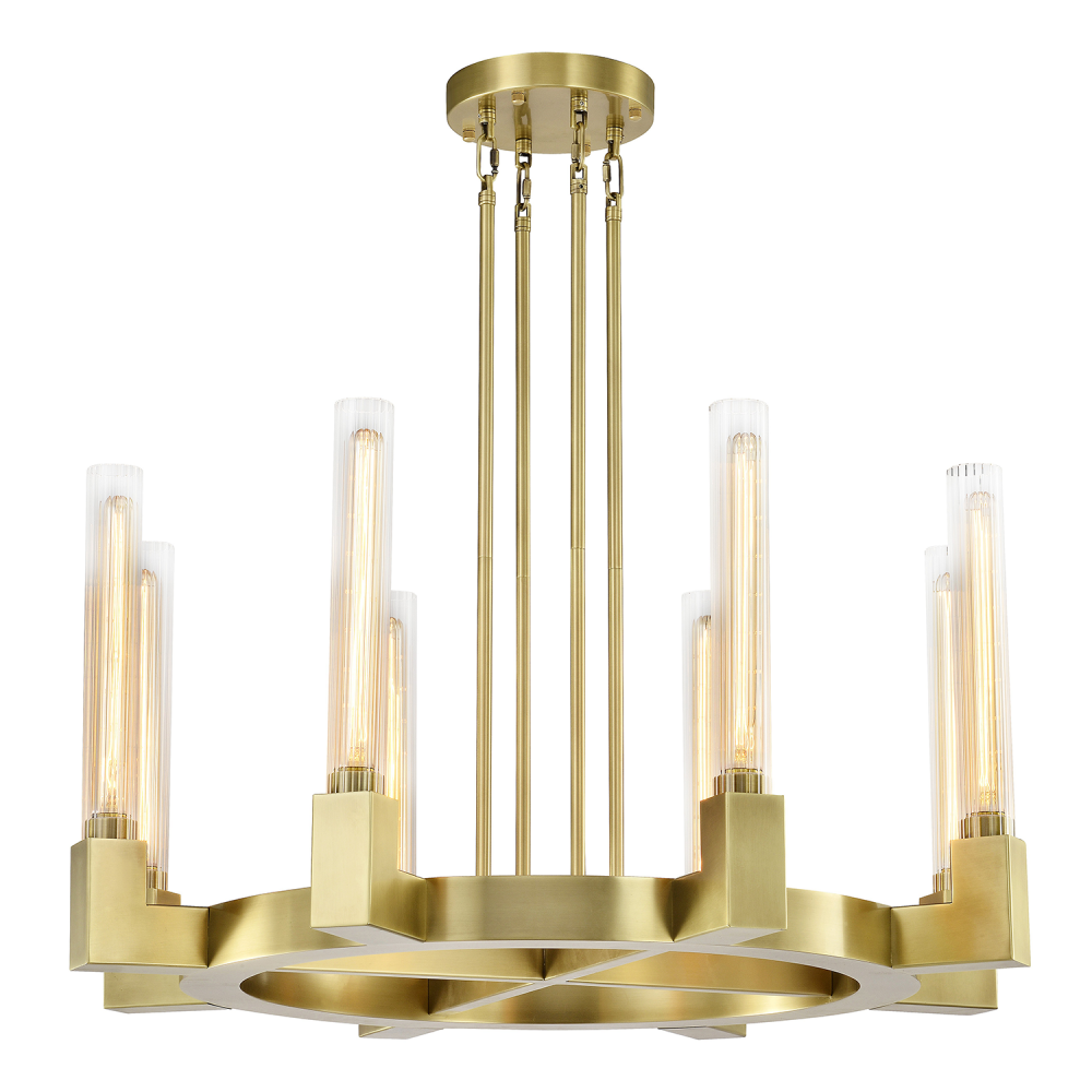 8-Light 32&#34; Aged Brass Wheel Styled Glass Chandelier