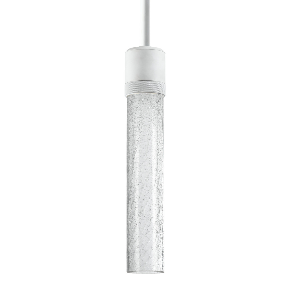 3&#34; LED 3CCT Vertical Cylindrical Pendant Light, 12&#34; Crackled Glass and Matte White Finish